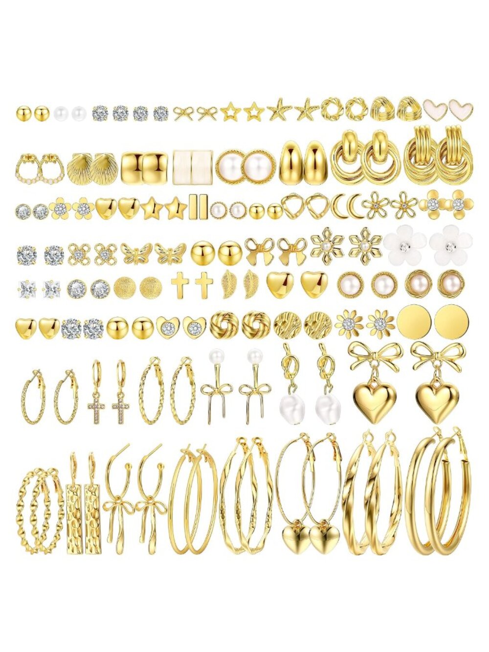 75 Pairs Gold Stud Earrings Set Hypoallergenic Pearl Cubic Zirconia
